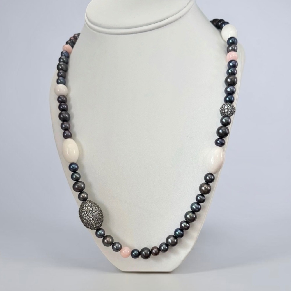 Ross Simons 925 Gray Pearl Necklace Pink White Crystal 30"